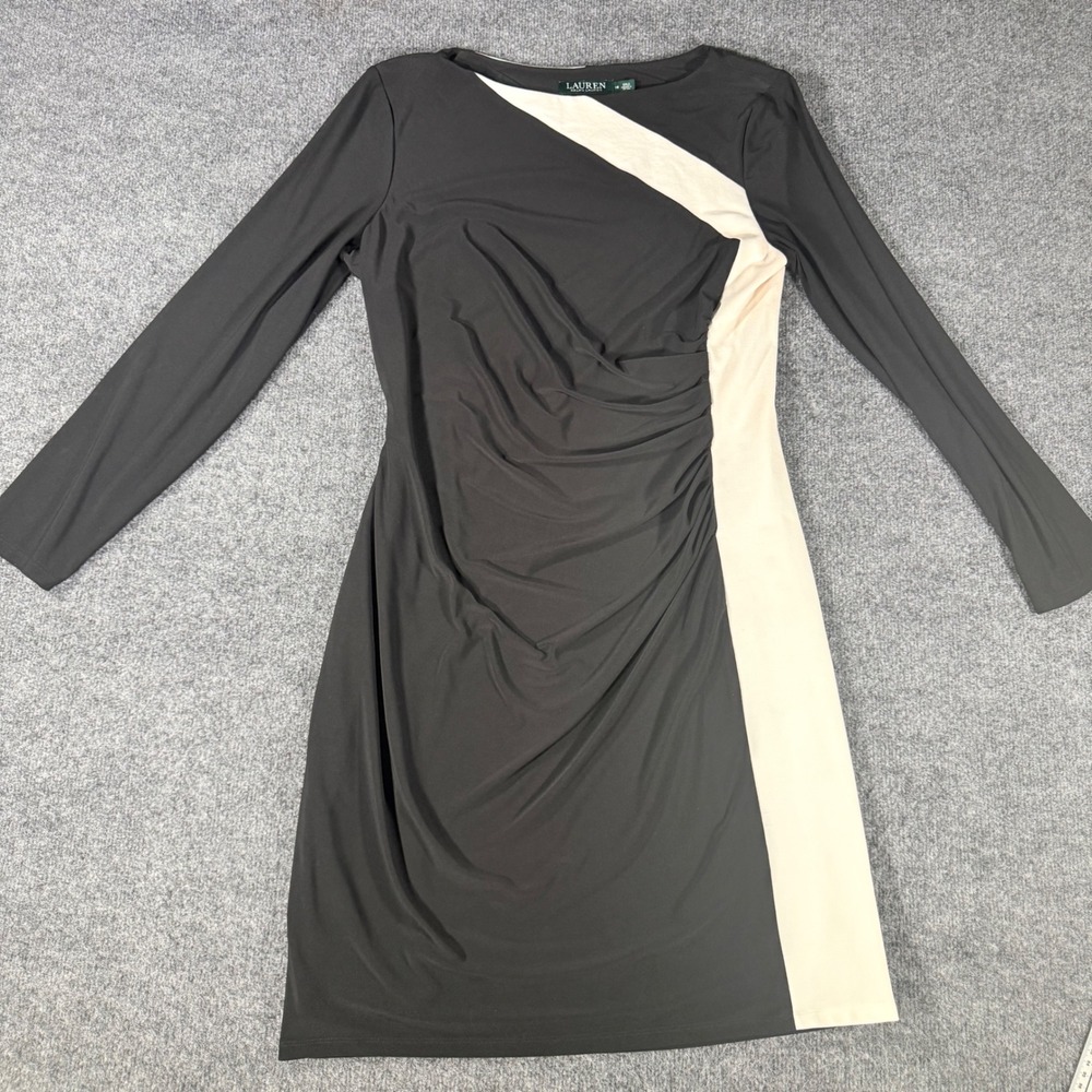 Lauren Ralph Lauren Sheath Dress Ruched Colorblock Black Cream Size 16 Womens LS
